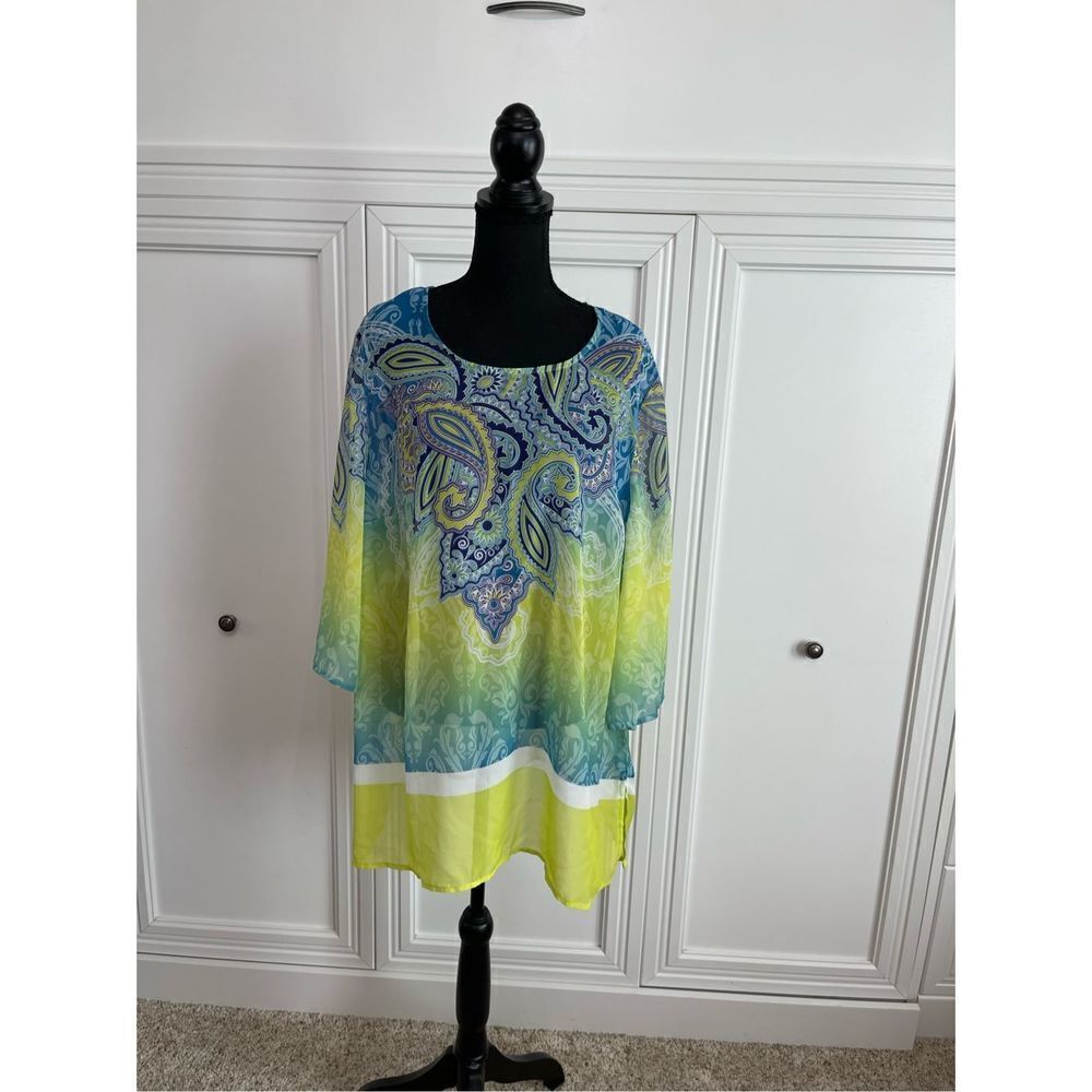 Maggie Barnes for Catherines Yellow & Green Paisley Print Blouse/Cover-up